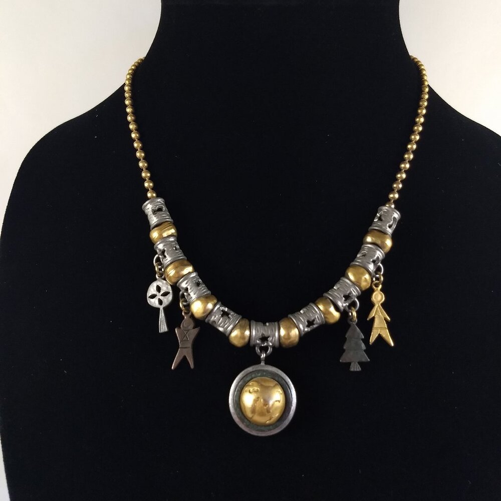 LCI Charm Necklace Silver and Gold Tone Earth Tree People Charms Le Terre Earth